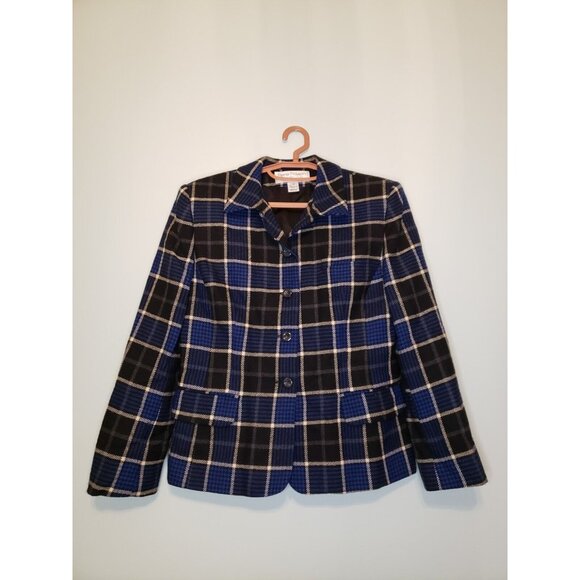 Rena Rowan Jackets & Blazers - Rena Rowan Women's Sz 10 Plaid Button Front Lined Jacket Blazer 100% Wool Blue